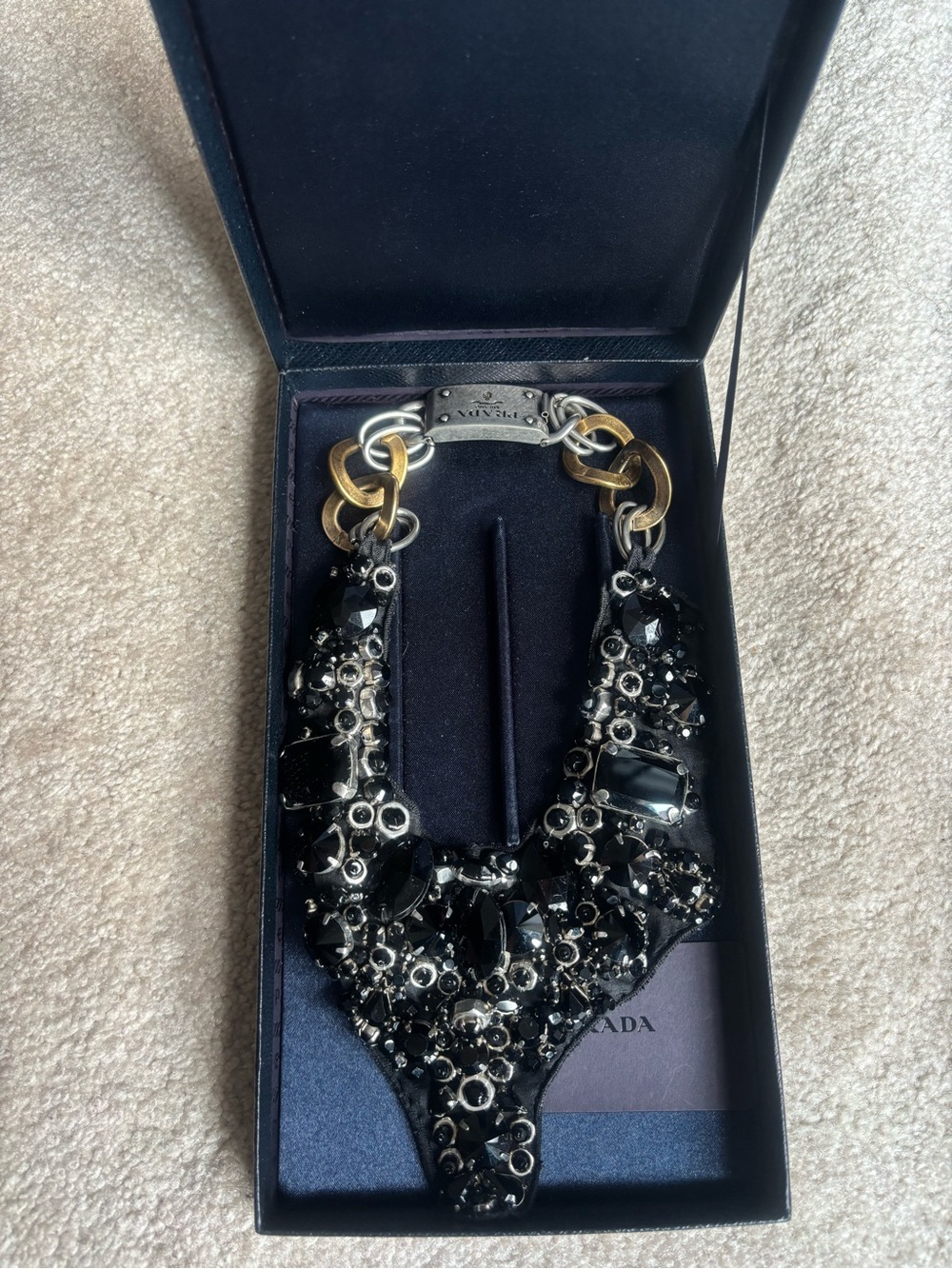 Prada Black Crystal & Mixed Metal Link Necklace